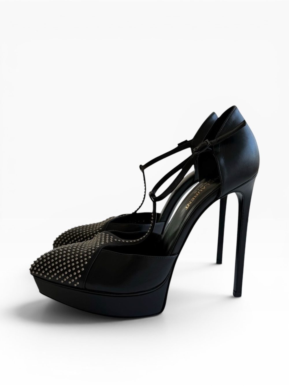 Saint Laurent Black Studded T-Strap Platform Heel - Picture 6 of 12